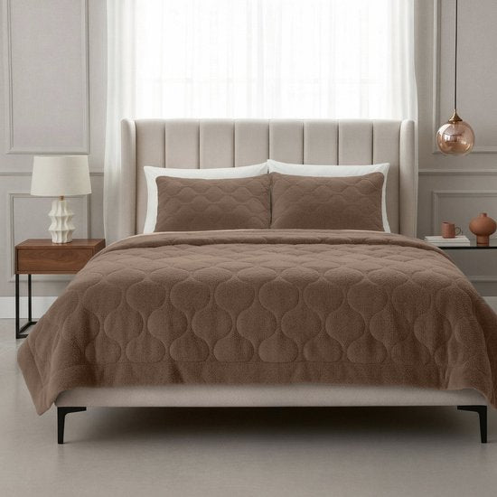 Sleeptime 2-in-1 Teddy Premium Bettdecke ohne Bezug – Bettdecke inklusive Kissenbezüge – 200 x 200 cm – Taupe/Braun