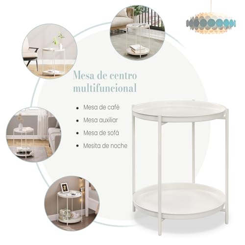 Woltu Runder Beistelltisch mit 2 herausnehmbaren Ablagen - Metall, Creme - Ø44 cm, Höhe 57 cm
