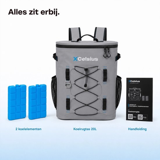 XCelsius® Kühltaschen-Rucksack 20 Liter – Kühltaschen-Rucksack mit 2 Kühlelementen und Flaschenöffner – Mindestens 24 Stunden Kühlleistung – 100 % wasserdicht – Kühltaschen-Rucksack für Strand, Festival, Boot und Camping – Grau