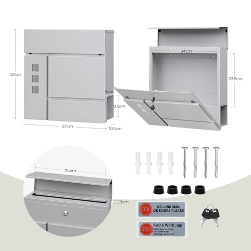 Woltu Briefkasten für draußen - Grau - 37 x 10,5 x 37 cm