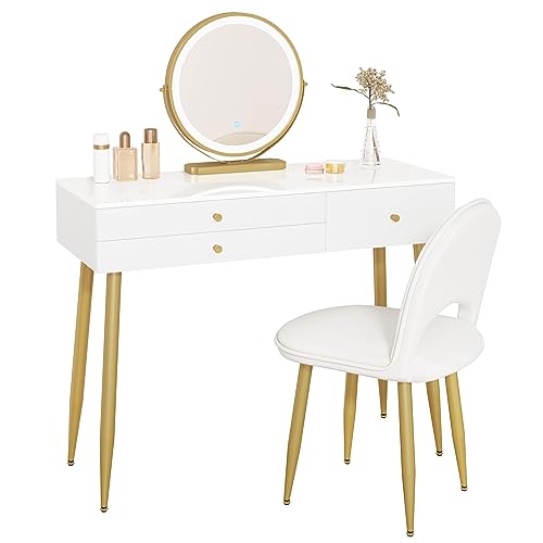 Woltu Schminktisch MB6105ws mit Hocker und LED-Spiegel - Schminktisch aus Holz mit verstellbarer Beleuchtung, 3 Schubladen, Samtsitz mit Rückenlehne - Weiß, Creme und Gold - 100x40 cm