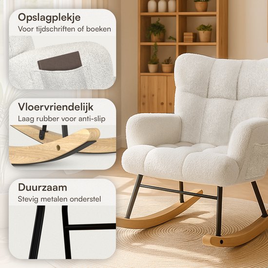 Flowsense Schaukelstuhl Teddy Weiß - Schaukelstuhl Erwachsene Baby - Stillstuhl Babyzimmer - Sessel mit Armlehne Design - Relaxsessel - Liegesessel