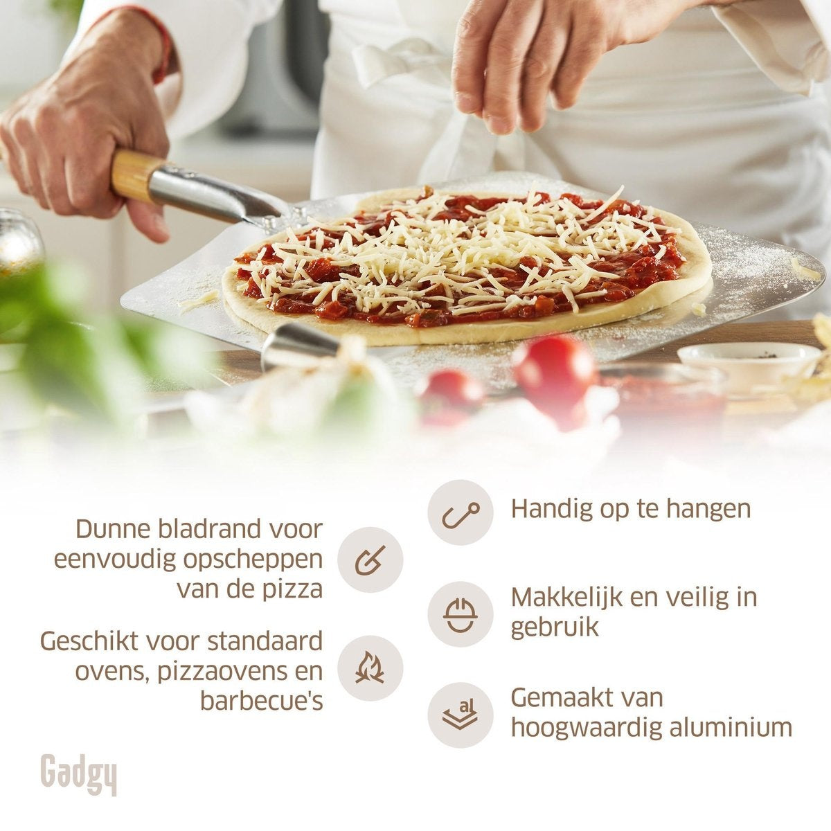 Gadgy Pizzaschaufel für Grill und Backofen - Pizzaspachtel - Geschenk zum Vatertag - Langer Holzgriff - VOfaßbar - Aluminium