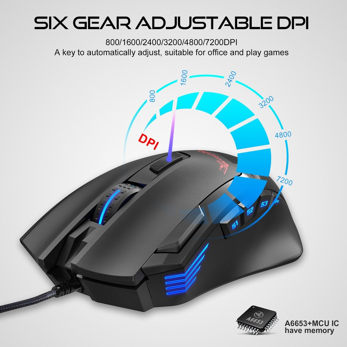 HXSJ S600 Pro Optische Gaming-Maus - Programmierbar - RGB-Licht - Ergonomisch - 7200DPI - Schwarz