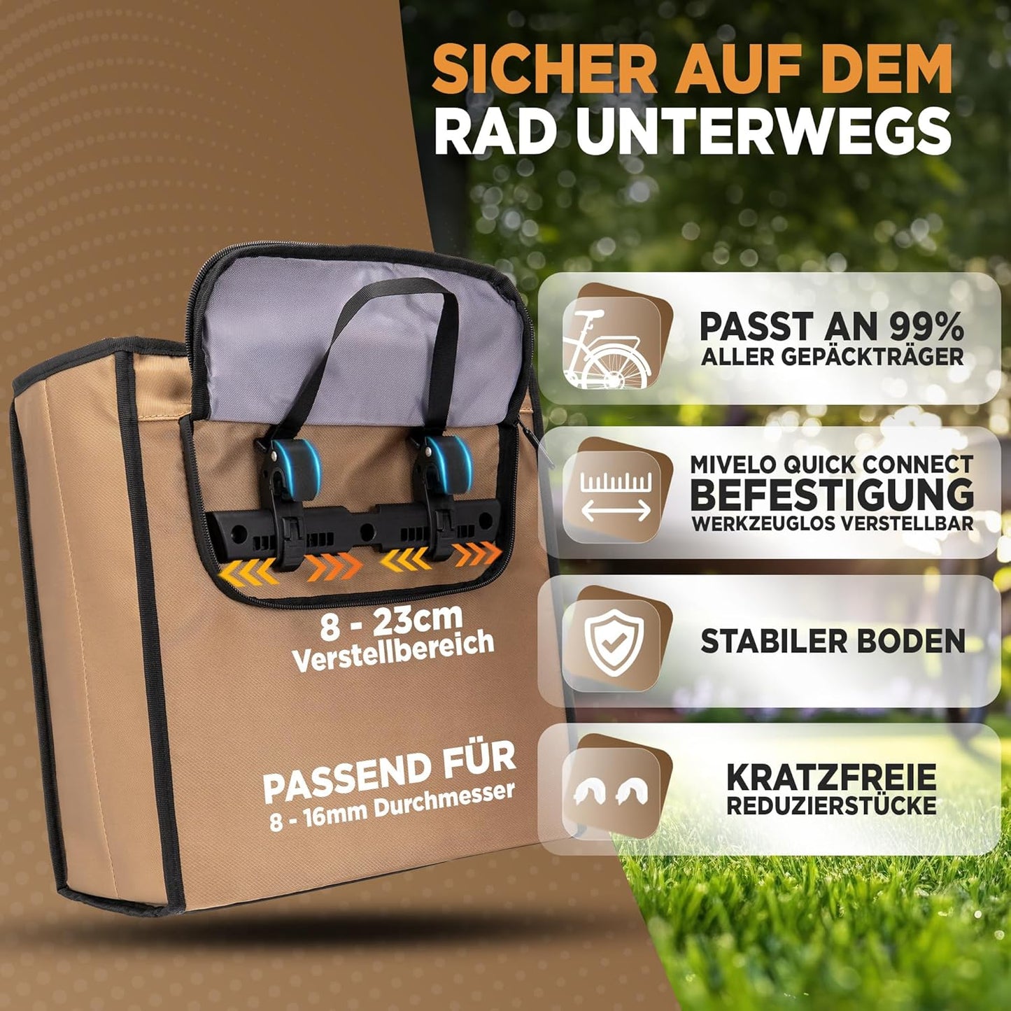 MIVELO Fahrradtasche zum Einkaufen - Inklusive abnehmbarer Kühltasche - 25 Liter - 40 x 30 x 7 cm - Beige