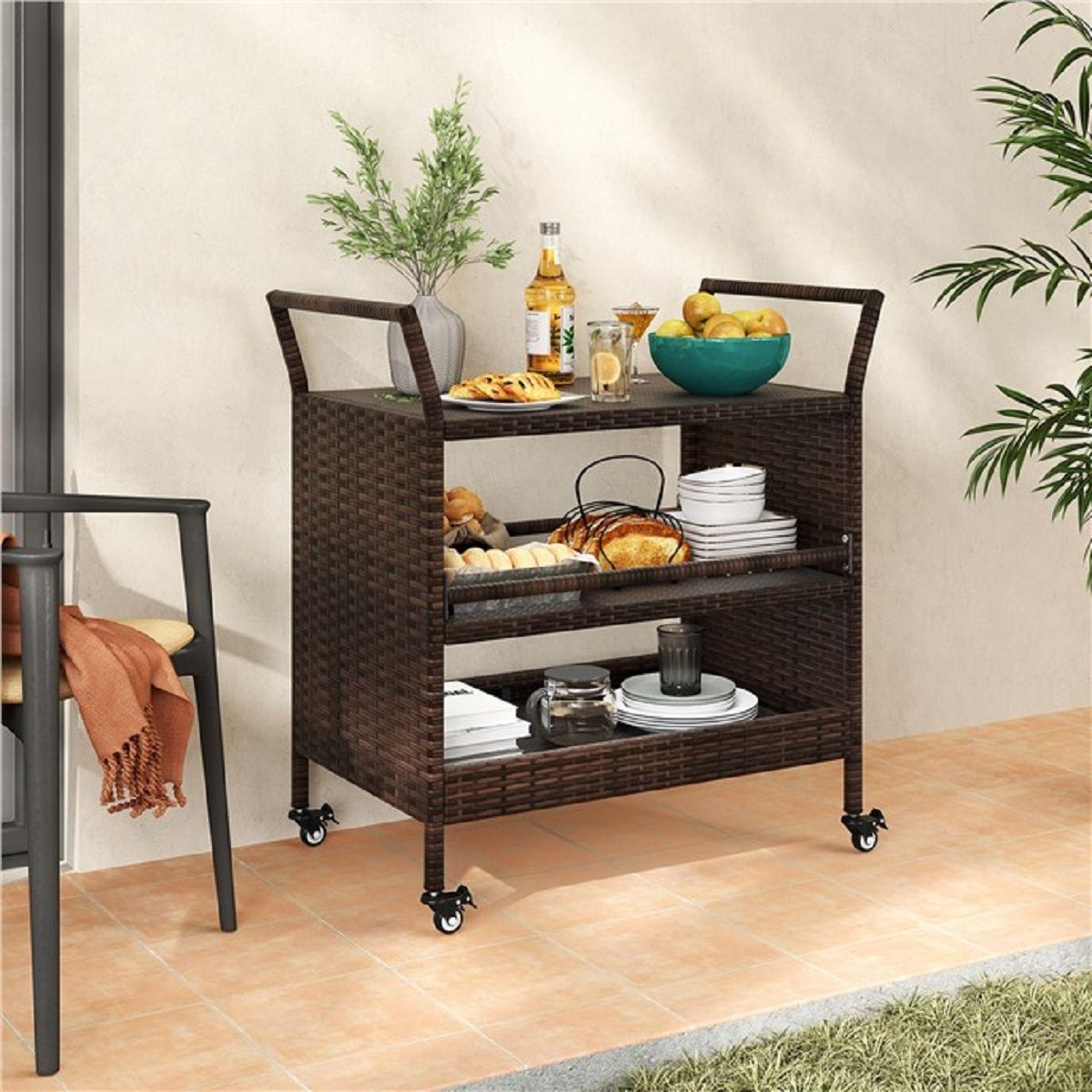 Coast Gartenbarwagen – 3 Ablagen – Rattan mit feststellbaren Rädern – Braun – 86 x 50 x 89 cm