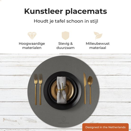 Castagnola Platzsets in Lederoptik - Runde Platzsets - Rutschfeste Kunstleder-Platzsets - Wasserabweisende Untersetzer - Untersetzer - 6 Stück - Durchmesser 38 cm - Grau