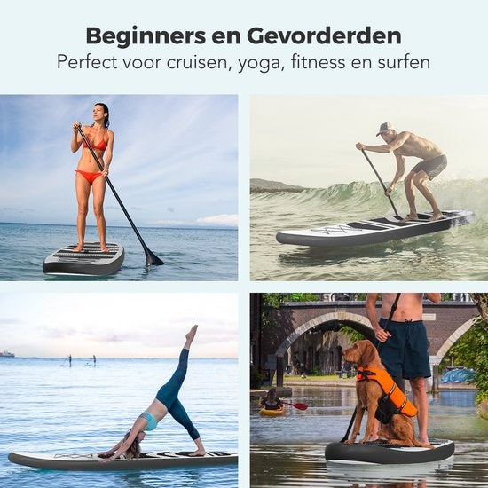 LifeGoods SUP Board - Aufblasbares Paddle Board - Komplettset - Max. 135KG - 320x81cm - Weiß/Schwarz