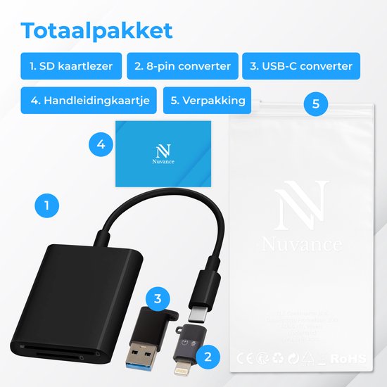 Nuvance SD Kartenleser - SD Kartenleser USB C - Kartenleser - inkl. Usb & 8-Pin Konverter - Speicherkartenleser Micro SD - Schwarz