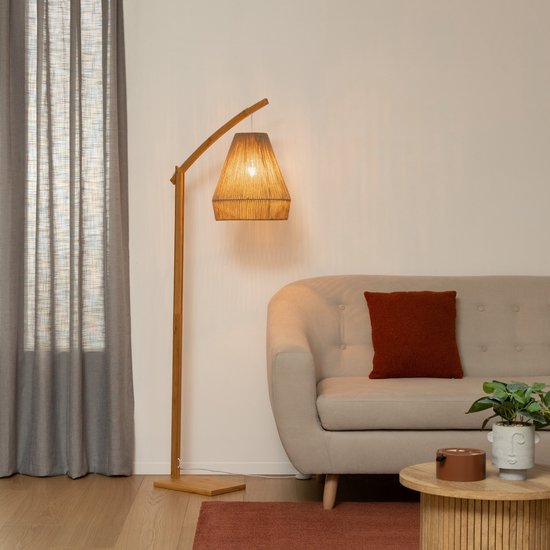 Bambus-Stehlampe mit gebogenem Stiel und geflochtenem Hanf-Lampenschirm PALM