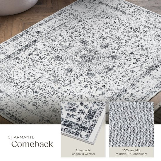 tectake® Teppich im Vintage-Design – Dalia – Kurzflor-Teppich für Wohnzimmer, Kinderzimmer, Schlafzimmer oder Flur – Waschbar – Verschiedene Größen – 120 x 170 cm – grau