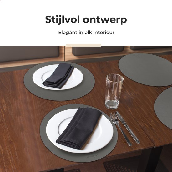 Castagnola Platzsets in Lederoptik - Runde Platzsets - Rutschfeste Kunstleder-Platzsets - Wasserabweisende Untersetzer - Untersetzer - 6 Stück - Durchmesser 38 cm - Grau
