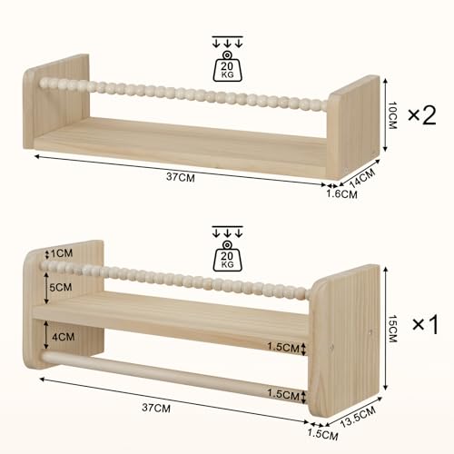 Woltu Kinder-Wandregal 3er-Set - Massivholz - 40 cm - mit Holzperlen - sicher und praktisch