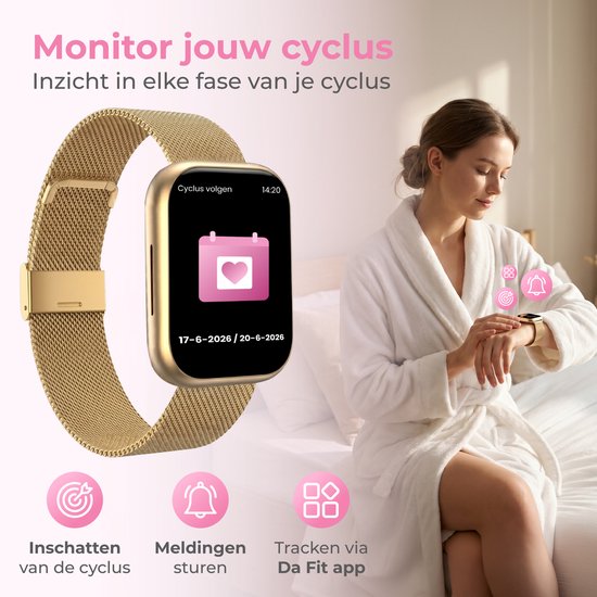 Nuvance Smartwatch für Damen – Schrittzähler-Uhr für Damen – Herzfrequenzmesser – Sportuhr – Kompatibel mit iOS/Android – AMOLED – Inkl. 5 Armbänder – Gold