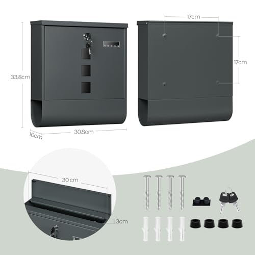 Woltu Briefkasten mit Zeitungsablage - Anthrazit - 10 x 30,8 x 33,8 cm
