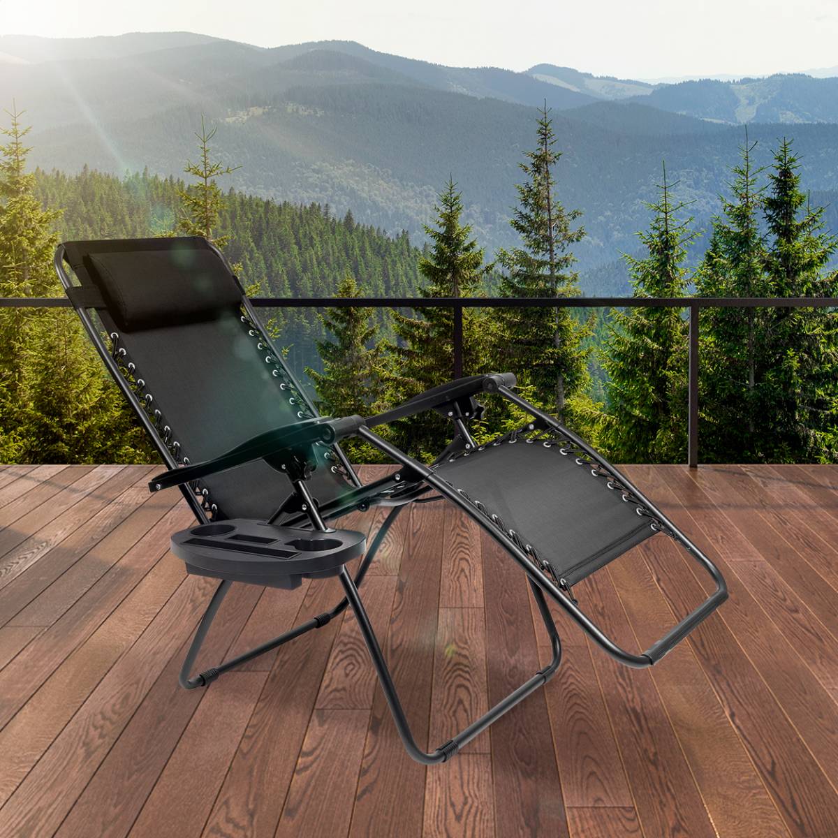 LifeGoods Klappbarer Liegestuhl 162 x 64 x 110 cm – Verstellbar – Getränke-/Handyhalter – Schwarz