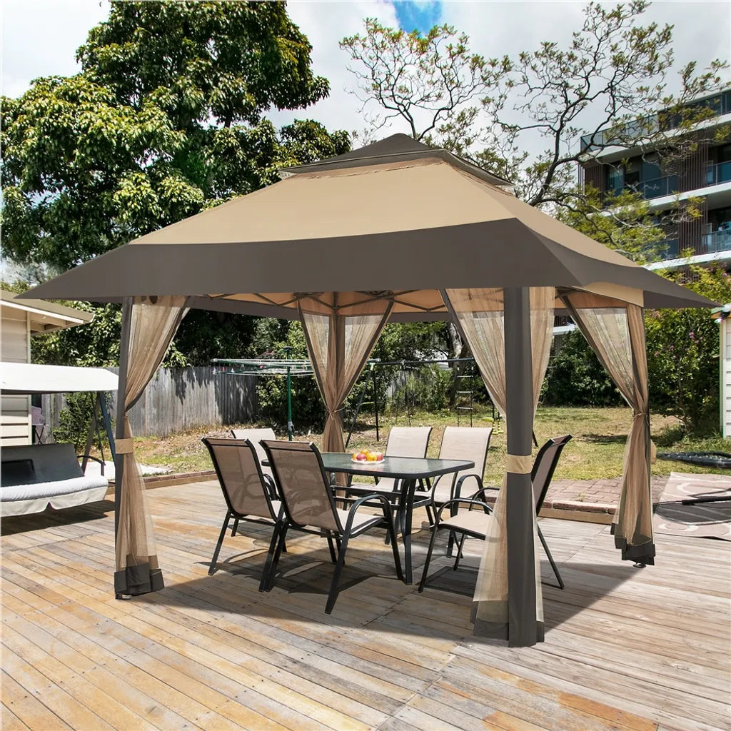 Yaheetech Partyzelt - 4 x 4 m - zusammenklappbar - Gartenpavillon - Mesh-Wände - verstellbar - 271-291 cm - Khaki/Braun