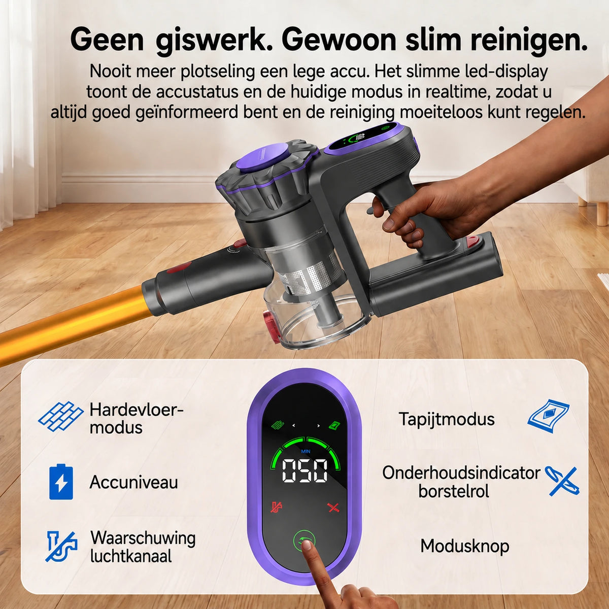 Monsga ME03 Kabelloser Stabstaubsauger – 550 W – 55 kPa – 55 Min. Laufzeit – 1,2 kg – Anti-Verfilzungsbürste – Herausnehmbarer Akku – Grünes Kontrolllicht