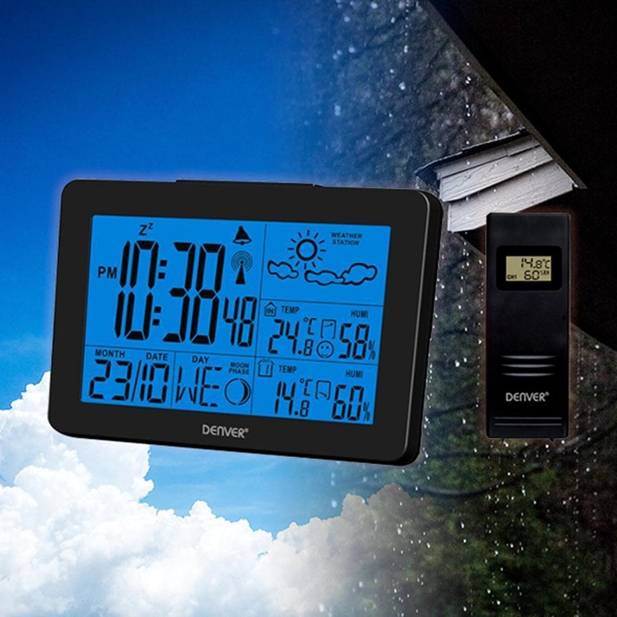 Denver WS-530 Schwarz - Wetterstation mit Alarmfunktion - Innen- und Außenbereich - Luftfeuchtigkeitsmesser - Indikator für offene Fenster - Schwarz