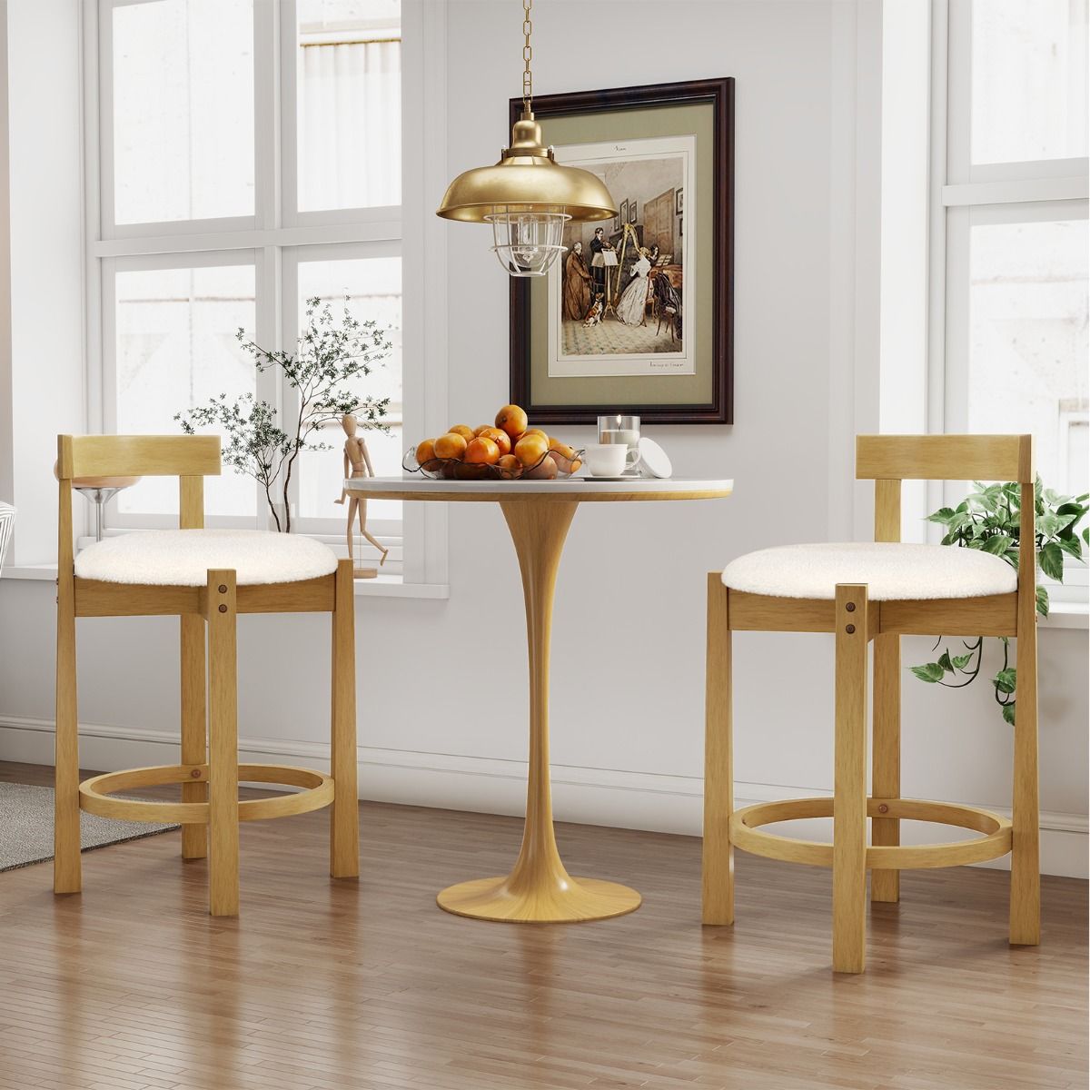 Coast Barhocker, 2er-Set – mit Rückenlehne und Fußstütze – Sitzfläche aus Teddy-Velours – Sitzhöhe 62 cm – Natur und Beige