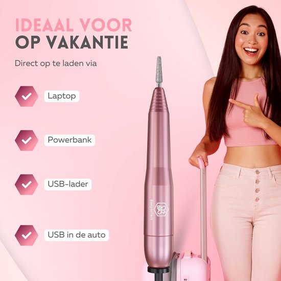 Beeperfect® Elektrische Nagelfeile - Nagelfräser - Maniküre- und Pediküreset - 12 Bits und 60 Schleifrollen - 4 Extra-Zubehör - Pink