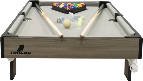 Cougar Billardtisch Mini 3 ft – Kompakter Billardtisch in Eiche/Grau – Aufstellbarer Tisch – Inklusive Kugeln, Queues, Dreieck, Kreide und Bürste