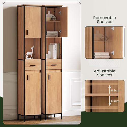 Eugad Narrow Tall Bathroom Cabinet mit Schublade und offenem Fach - Helle Eiche/Schwarz - 30 x 180 x 30 cm