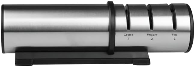 LEBENLANG Professioneller Messerschärfer mit 3 Stufen – Kompakt und langlebig, Edelstahl silber, 23 x 7 x 6 cm, für dicke und dünne Messer, Schleifscheiben aus Keramik und Diamant