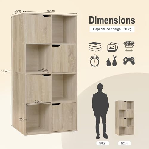 Woltu Bücherregal SK039hei - Lagerschrank mit 8 Fächern und 4 Türen - Spanplatte Eiche hell - 60x30x120 cm