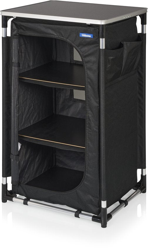 Tristar Klappbarer Camping-Schrank – Aluminiumrahmen – 3 Ebenen – Verstellbare Füße – Seitentaschen – Inklusive Tragetasche – Schwarz - CU-0809
