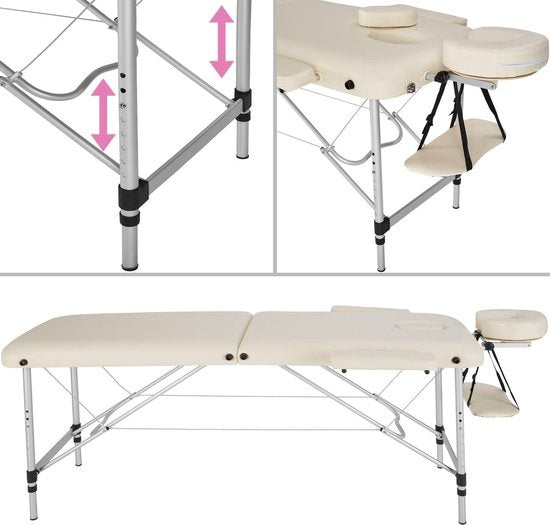 tectake - Aluminium-Massagetisch 2 Zonen, Massagetisch 4cm Matratze, klappbarer Massagetisch, höhenverstellbarer Aluminium-Massagetisch, tragbarer Massagetisch inklusive Zubehör, Aluminium-Kopfstütze, Armlehne und Tragetasche - beige