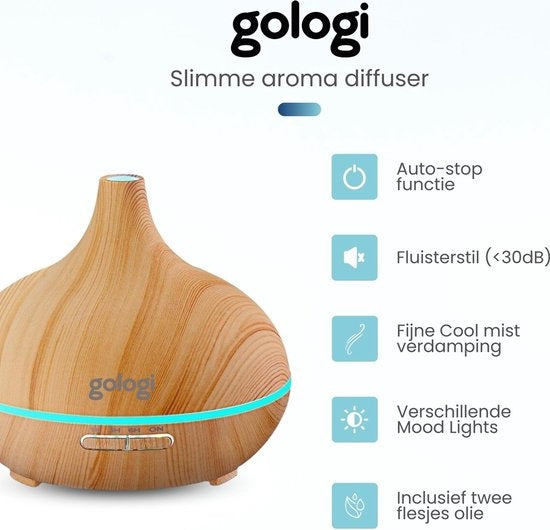Gologi Slimme Aroma Diffuser - 550ML - Luchtbevochtiger - Geurverspreider - LED verlichting - Incl. 2 Etherische OlieÃƒÃ n - Lichtbruin