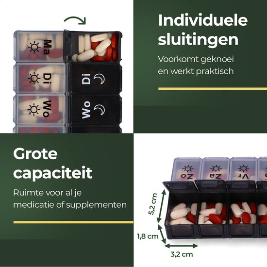 Gandria Pillenbox 7 Tage - Pillenbox - Pillenbox mit 14 Fächern - Medizinbox mit stabilem Verschluss - große Fächer - Schwarz