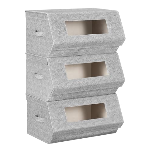 Woltu Stapelbare Aufbewahrungsboxen mit Deckel Grau und Beige 50x25x35 cm 3er Set