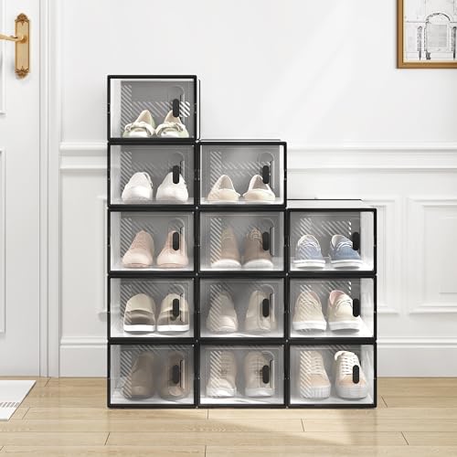 Woltu Set von 12 transparenten Schuhaufbewahrungsboxen stapelbar mit Front - 35 x 25 x 19 cm
