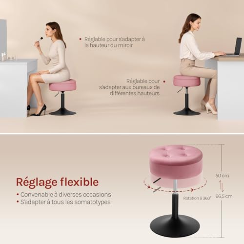 Woltu Make-up-Hocker mit Ablage - Verstellbarer Barhocker 50-66,5 cm - Runder Sitz - Samtrosa