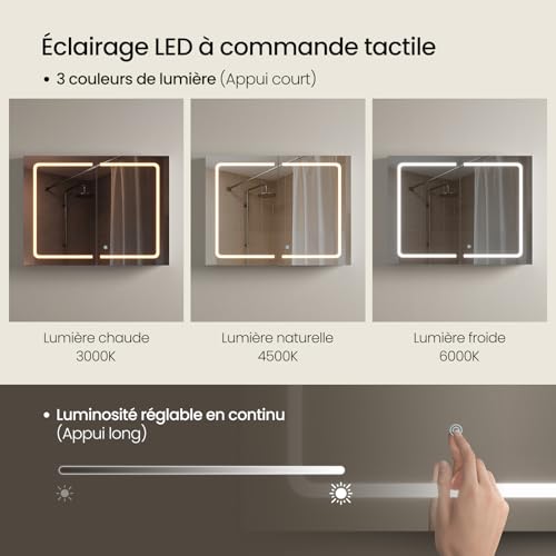 Eugad Badezimmerschrank mit LED-Spiegel und Touch Light - Weiß - 80 x 14,5 x 60 cm