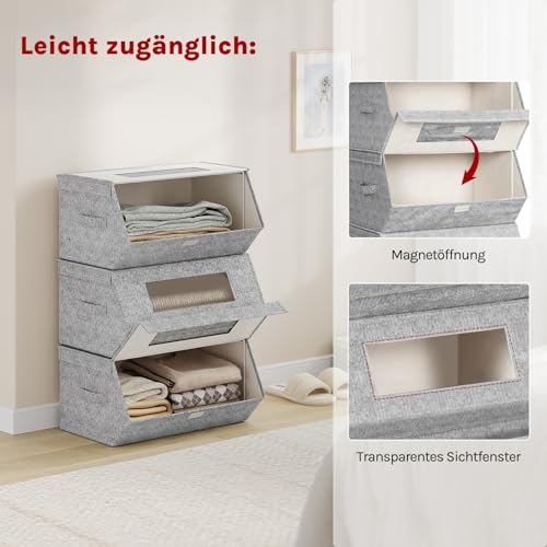 Woltu Stapelbare Aufbewahrungsboxen mit Deckel Grau und Beige 50x25x35 cm 3er Set