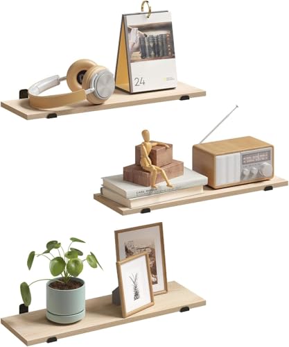 Eugad 3er-Set schwebende Wandregale im Retro-Stil - Schwarz und helles Holz - 60 x 20 x 7 cm