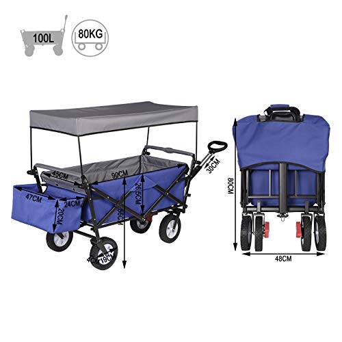 Woltu Transportwagen klappbar - Stabiler Stahlrahmen Blau - 80 kg Tragkraft, mit Bremse und abnehmbarer Sonnenblende - 4 Schwenkräder 100x50x90 cm