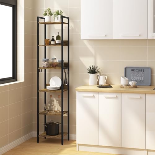 Woltu Industrielles Bücherregal 6 Fachböden mit 4 herausnehmbaren Haken - Schwarzes Metall und dunkle Eiche - 40 x 30 x 187 cm