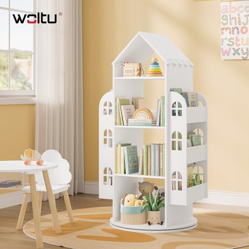 Woltu Kinderbuchregal Weiß 4-stöckig mit 2 Seitenregalen Hausform 63 x 59 x 125 cm