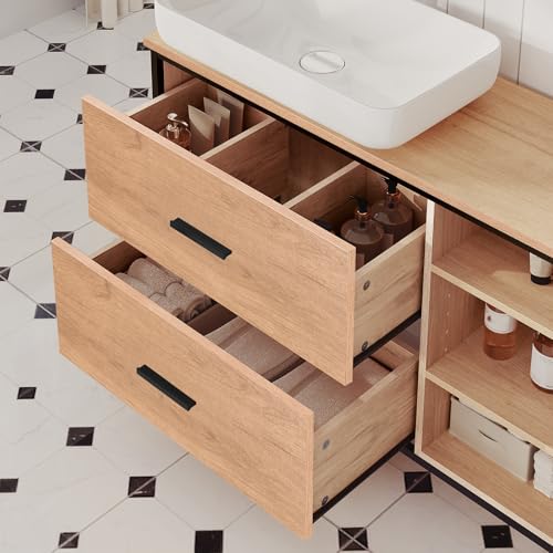 Eugad Badezimmerschrank mit 2 Schubladen und 3 offenen Fächern Eiche hell - Schwarz 90 x 30 x 60 cm