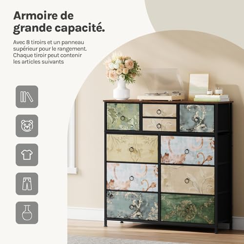 Woltu Kommode mit 10 Schubladen Vintage Floral Pattern Braun Schwarz 100 x 30 x 100 cm