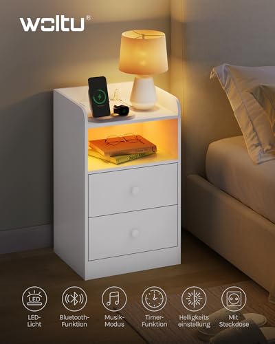 Woltu Nachttisch mit LED-Beleuchtung und Steckdose Weiß 40 x 35 x 64 cm