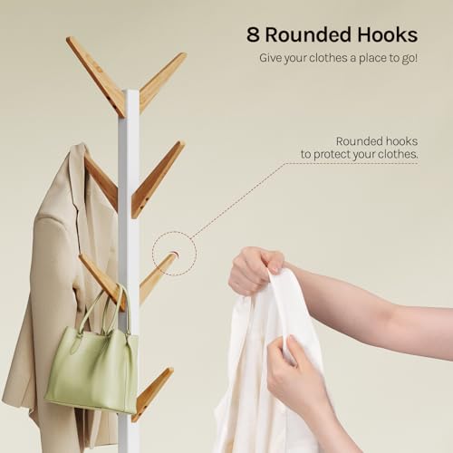 Woltu Garderobenständer Baumförmig - Weiß und Natur - 180 cm hoch - 8 Haken