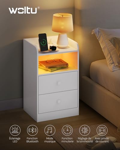 Woltu Nachttisch mit Ladestation und LED-Beleuchtung Weiß 40x35x64 cm