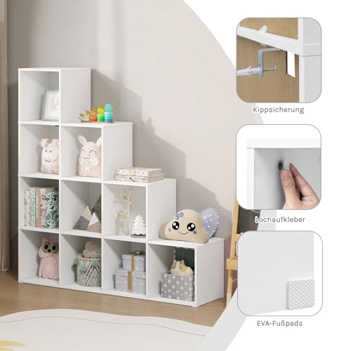 Woltu Bücherregal Stufenregal mit 10 Fächern Weiß 120 x 30 x 120 cm