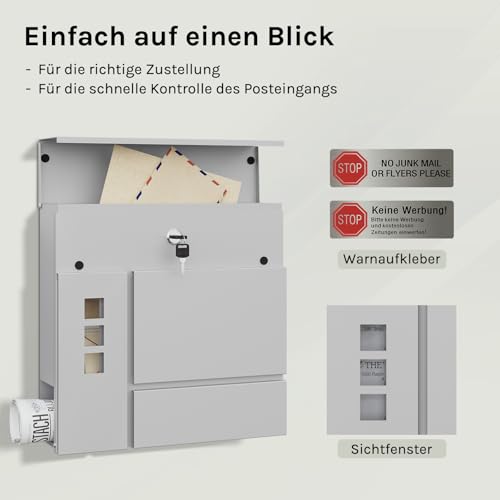 Woltu Briefkasten mit Zeitungsfach und Sichtfenster Grau 37 x 37 x 10,5 cm