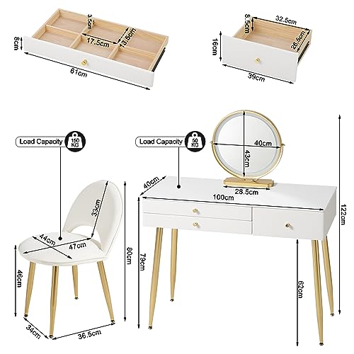 Woltu Schminktisch MB6105ws mit Hocker und LED-Spiegel - Schminktisch aus Holz mit verstellbarer Beleuchtung, 3 Schubladen, Samtsitz mit Rückenlehne - Weiß, Creme und Gold - 100x40 cm